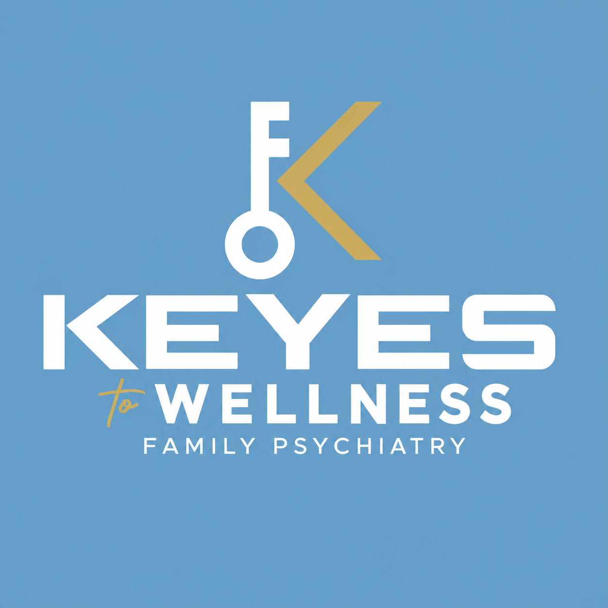 Keyes to Wellness Family Psychiatry — white key and gold K icon on light blue